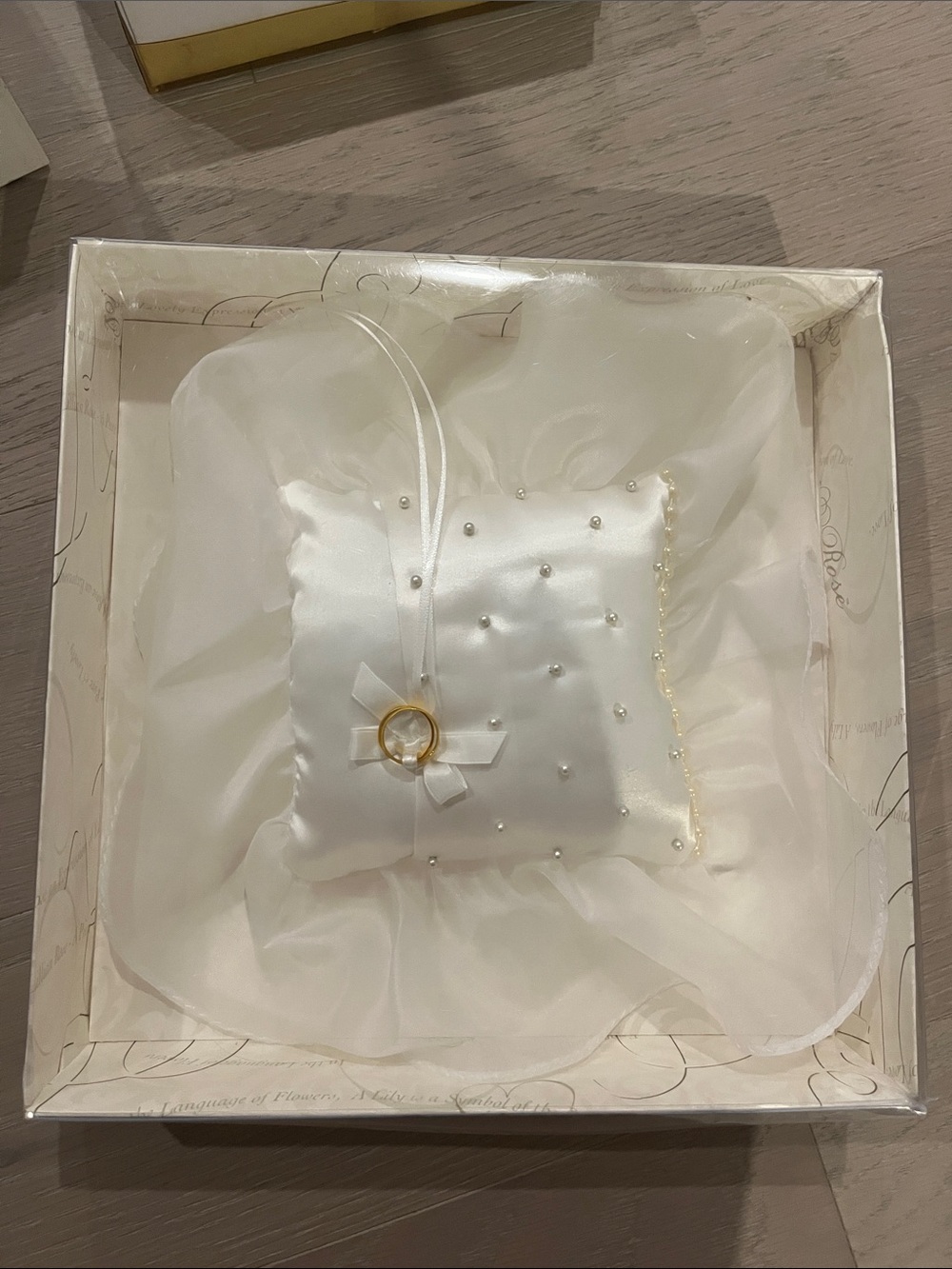 Ivory Satin Pearl Ring Bearer Pillow with Ribbon and Gold Accent